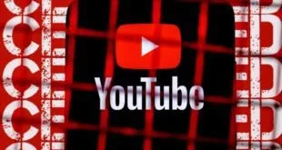 Logotipo do YouTube em vermelho e branco sobre fundo escuro com efeito de grade