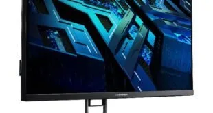 Monitor de tela ampla com imagem azul luminosa e base preta sobre fundo branco
