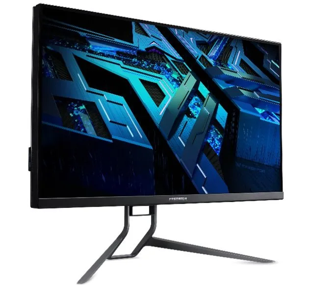 Monitor de tela ampla com imagem azul luminosa e base preta sobre fundo branco