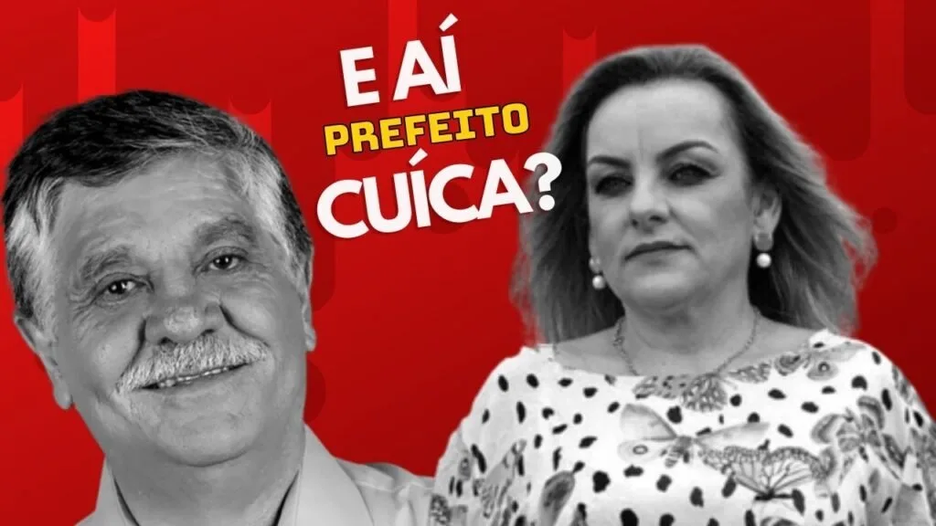 Cartão vermelho com os dizeres 'E AÍ PREFEITO CUÍCA?' e as fotos de um homem e uma mulher