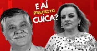 Cartão vermelho com os dizeres 'E AÍ PREFEITO CUÍCA?' e as fotos de um homem e uma mulher
