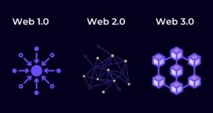 Ilustração roxa com esquemas de rede e os rótulos 'Web 2.0' e 'Web 3'
