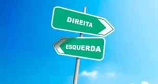 Placa de sinalização verde com as palavras 'DIREITA' e 'ESQUERDA' apontando para lados opostos sob céu azul