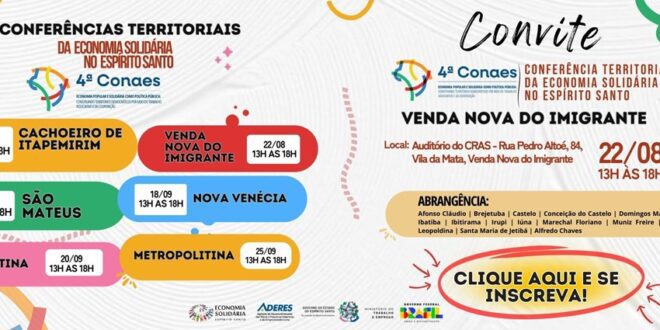 Conferência Territorial em Venda Nova debaterá Economia Solidária no próximo dia 22