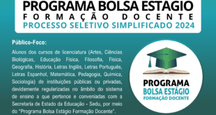 Inscrições para o Programa Bolsa Estágio Formação Docente começam na segunda-feira (09)