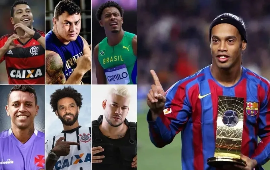 Montagem com fotos de cinco jogadores de futebol em uniformes de times diferentes