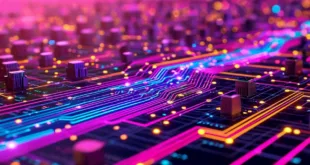 Placa de circuito eletrônico com luzes neon rosa e azuis, imagem ilustrativa