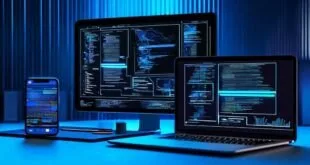Monitor e notebook exibindo código em sala com luz azul, imagem ilustrativa sobre tecnologia