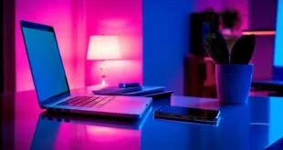 Notebook e celular em mesa sob luzes neon rosa e azul, imagem ilustrativa sobre tecnologia