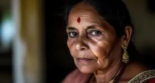Mulher idosa de expressão séria com marca vermelha na testa, retrato em close