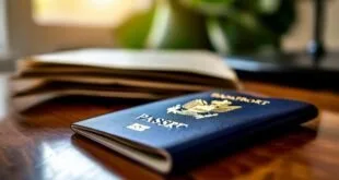 Passaporte azul fechado sobre caderno aberto em mesa de madeira