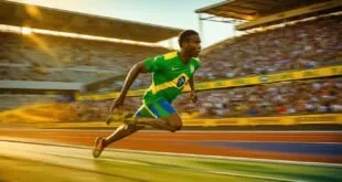 Atleta de uniforme verde e amarelo correndo em pista de atletismo com arquibancada lotada