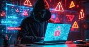 Pessoa encapuzada digita em notebook com cadeado e alertas vermelhos nas telas ao redor