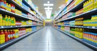 Corredor de supermercado com prateleiras cheias de produtos coloridos