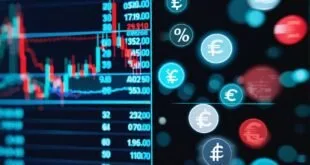 Tela de cotações com gráfico de velas e ícones de moedas iluminados, imagem ilustrativa sobre bolsa