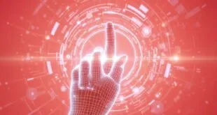 Mão em malha digital tocando interface circular sobre fundo vermelho, imagem ilustrativa sobre tecnologia
