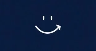 Símbolo de sorriso formado por seta curva branca sobre fundo azul-escuro