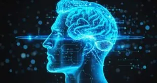 Ilustração de cabeça humana translúcida em azul com cérebro digital e circuitos luminosos
