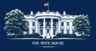 Ilustração da Casa Branca sobre fundo azul-escuro com o texto 'The White House Washington'