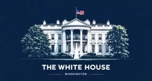 Ilustração da fachada da Casa Branca em fundo azul com o texto 'The White House Washington'