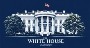 Ilustração da Casa Branca com bandeira dos EUA e o texto 'The White House Washington' em azul