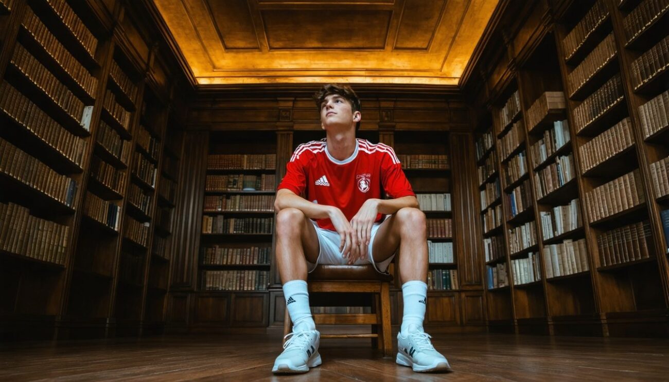 Jovem em uniforme esportivo vermelho sentado em biblioteca de madeira com prateleiras de livros