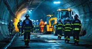 Equipes de resgate com capacete e uniforme refletivo caminhando por túnel com retroescavadeira