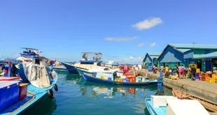 Motor de barco pequeno com proteção instalada sobre o eixo em rio da Amazônia