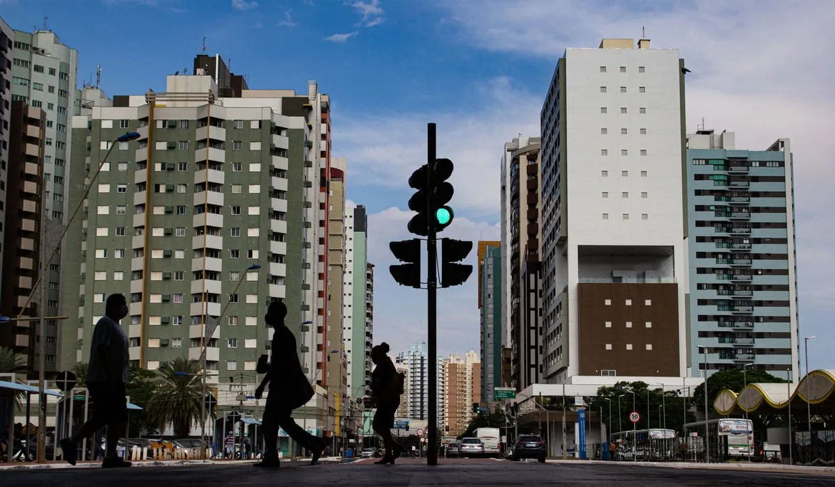 semáforo e faixa de pedestres em avenida movimentada durante o dia