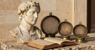 Busto de mármore, livro aberto e três peneiras metálicos sobre superfície de pedra com parede ao fundo