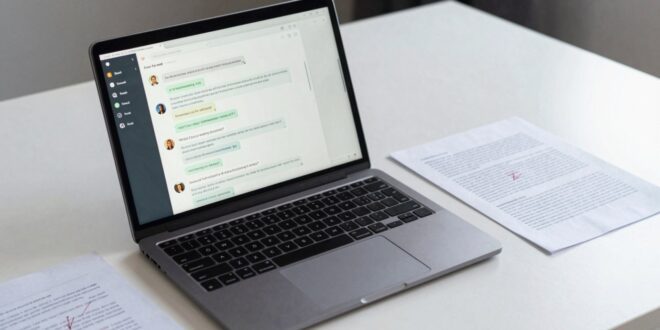 Laptop aberto em mesa branca com aplicativo de mensagens na tela e documentos impressos ao lado
