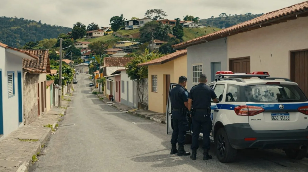 Policiais em viatura durante prisão em Afonso Cláudio em rua de casarões coloridos
