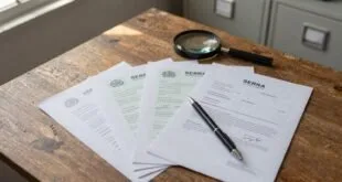 Documentos sobre terrenos com documentação falsa em mesa de madeira com caneta e lupa