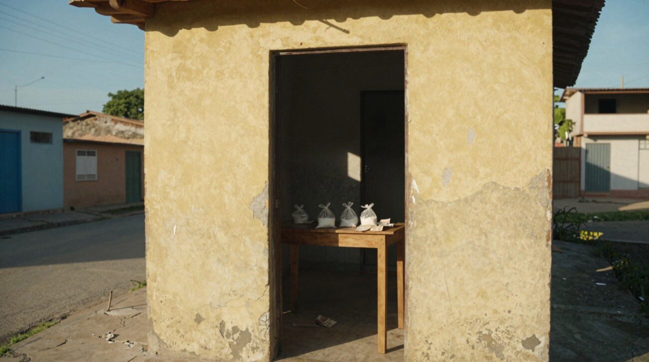 Capela amarela com porta escura aberta, prisão por tráfico em Itapemirim, mesa de madeira