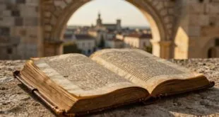 Livro antigo aberto com Santo Hilário de Poitiers, arco medieval e cidade ao fundo