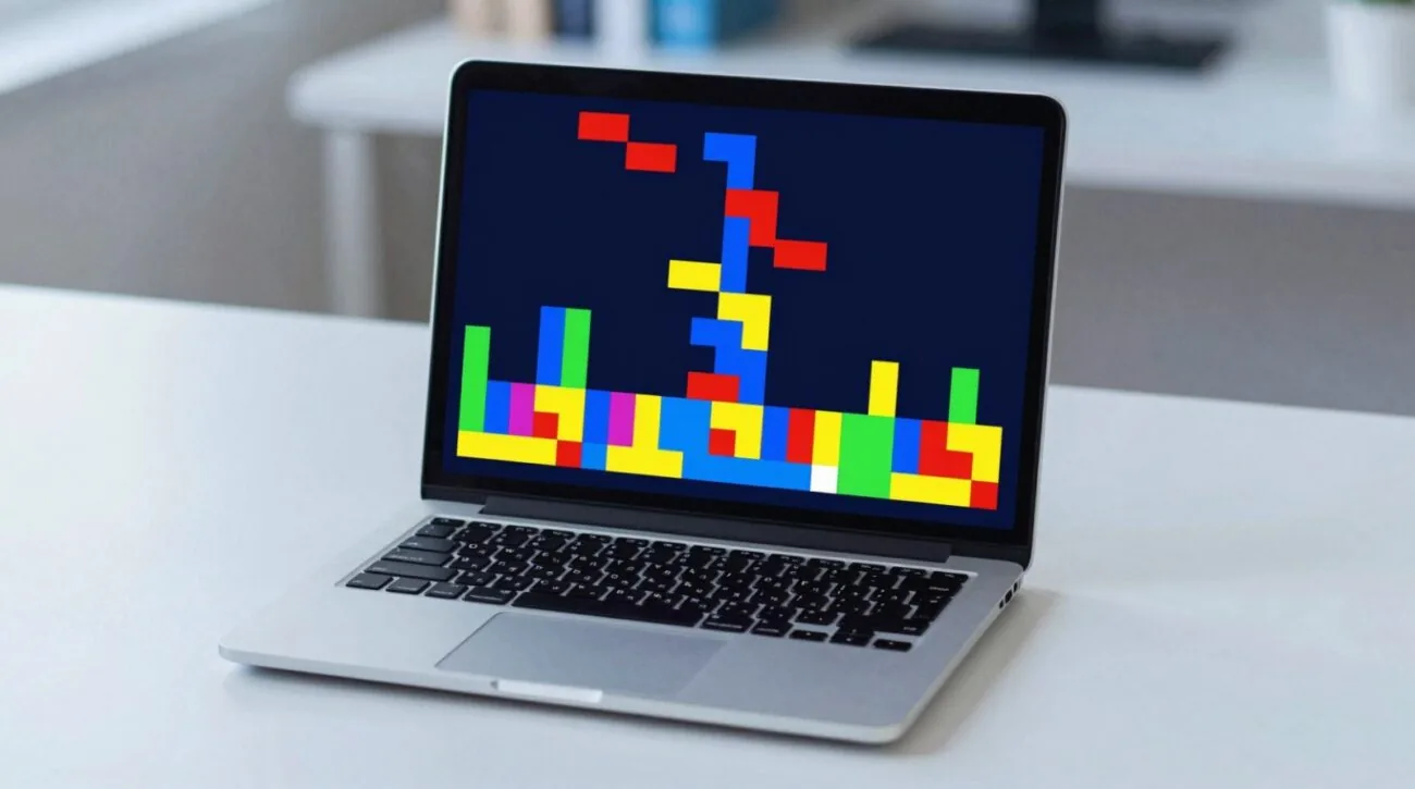 Notebook com jogo Tetris Casa Branca em blocos coloridos sobre mesa branca