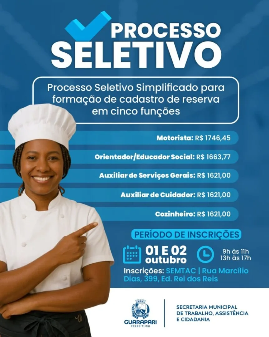 Guarapari abre processo seletivo da Semtac para cinco funções