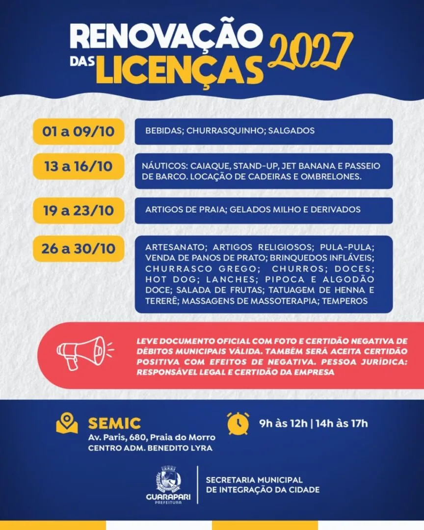 Guarapari abre renovação das licenças de 2027 na Semic em outubro