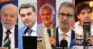 Cinco homens em diferentes ambientes falando ao microfone durante apresentações, ilustração sobre segundo turno Lula Caiado