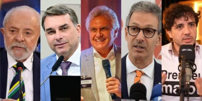 Cinco homens em diferentes ambientes falando ao microfone durante apresentações ou entrevistas