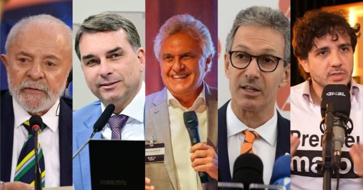 Cinco homens em diferentes ambientes falando ao microfone durante apresentações ou entrevistas