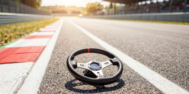 Volante de corrida no circuito do GP da Itália com pista e arquibancadas
