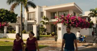 Rua de bairro com mansão mais cara do Brasil, flores rosa, palmeiras e portão de ferro