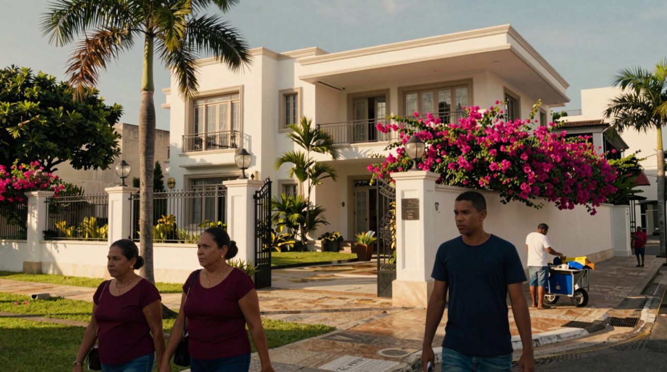 Pessoas caminham em rua de bairro residencial com casarão branco, flores rosa, palmeiras e portão de ferro