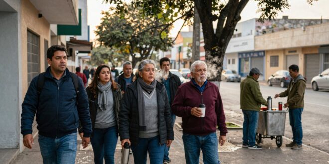 Grupo de pessoas caminhando em rua de bairro residencial, com árvore grande ao fundo e edifícios ao redor