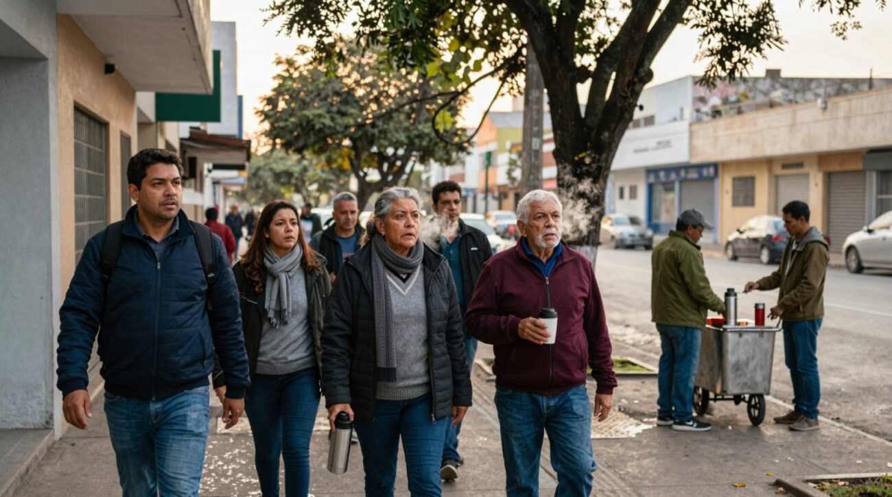 Grupo de pessoas caminhando em rua de bairro residencial, com árvore grande ao fundo e edifícios ao redor