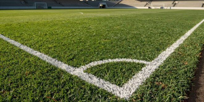 Campo de futebol com linhas brancas marcadas no gramado verde, estádio vazio ao fundo