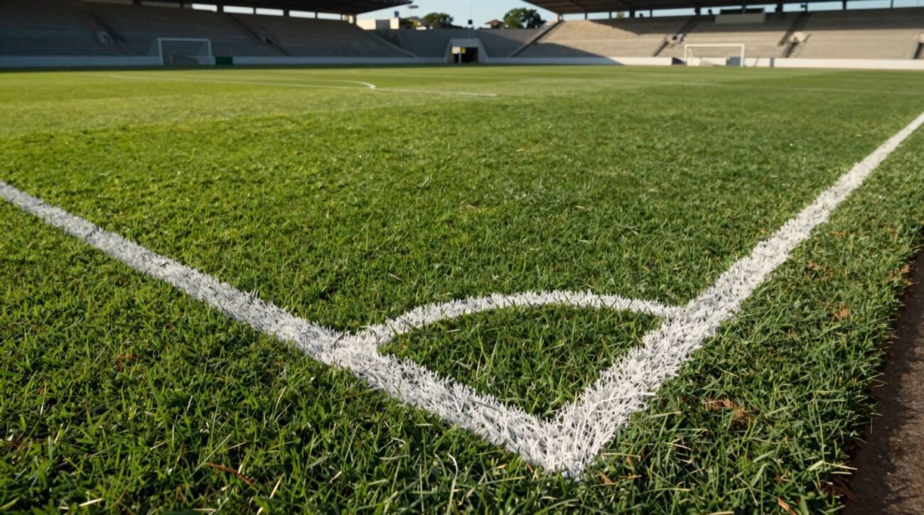 Campo de futebol com linhas brancas marcadas no gramado verde, estádio vazio ao fundo