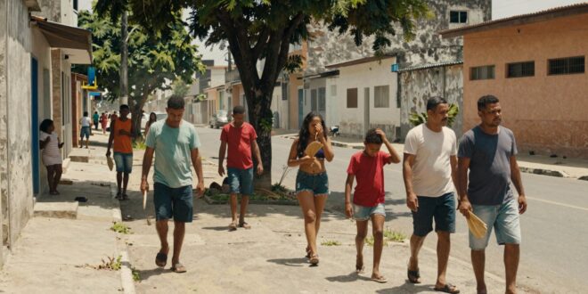 Pessoas caminhando em uma rua de casarões coloridos sob uma árvore grande em dia ensolarado