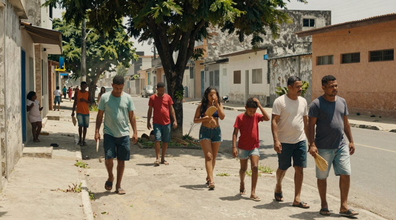 Pessoas caminhando em uma rua de casarões coloridos sob uma árvore grande em dia ensolarado